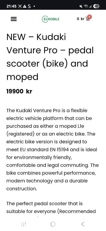 2024 Kudaki Venture Pro elektrisk pedalscooter/elsykkel